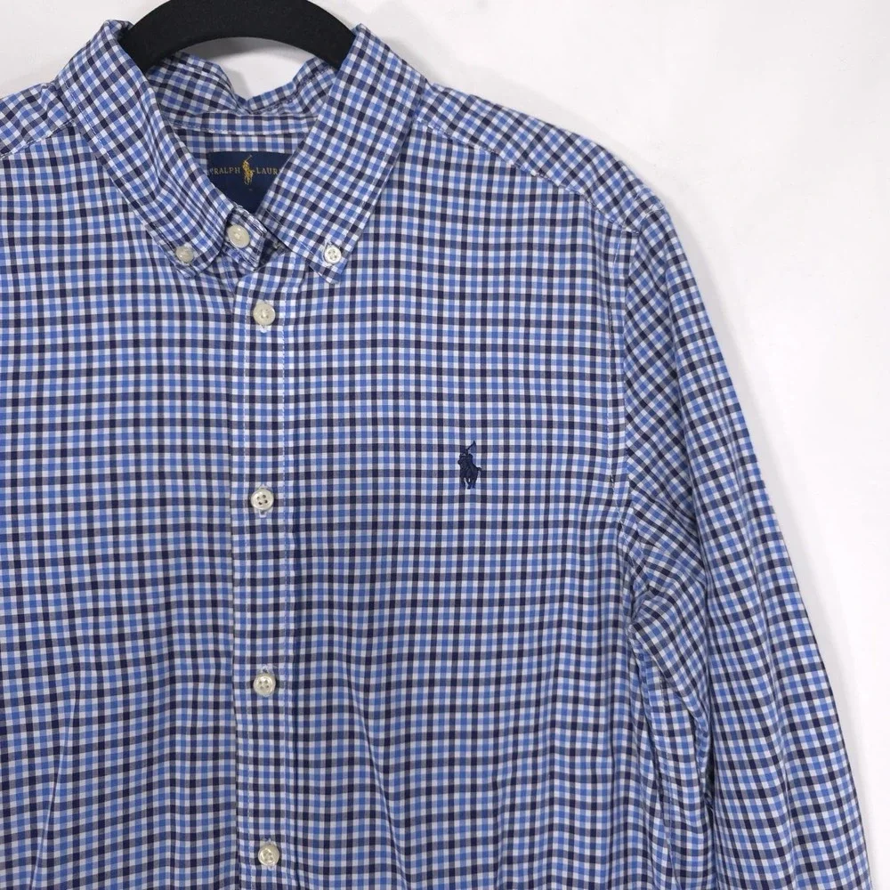 RALPH LAUREN Boys Shirt XL‎ 18-20 Long Sleeve Multicolor Plaid Blue Check Cotton
